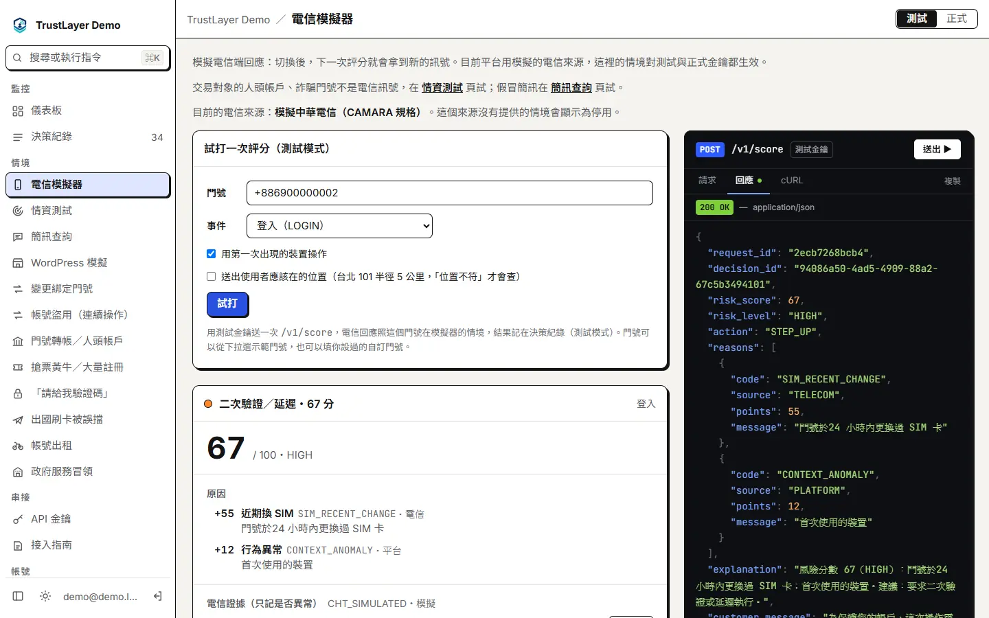 電信模擬器:用測試金鑰對一個示範門號試打一次評分,左邊是分數與原因,右邊是 API 的請求與回應。