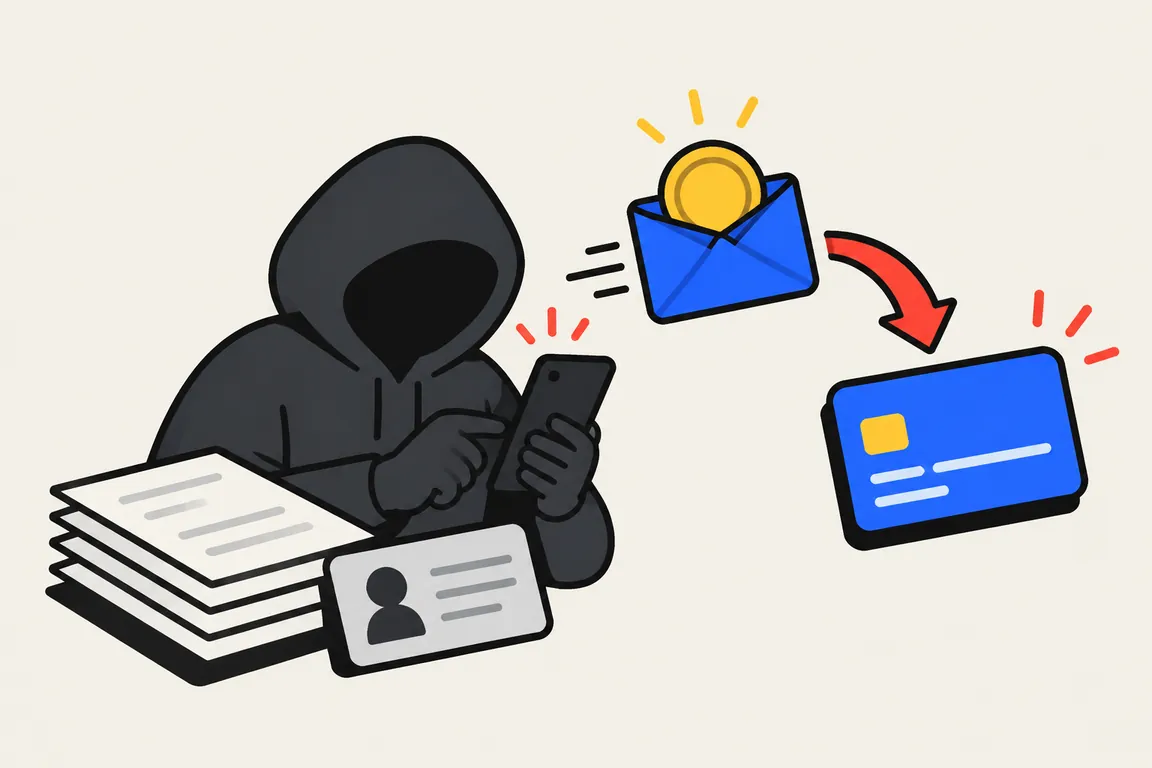 戴帽兜的人拿著外洩的資料和身分證影本搶先登記,補助飛向他的金融卡